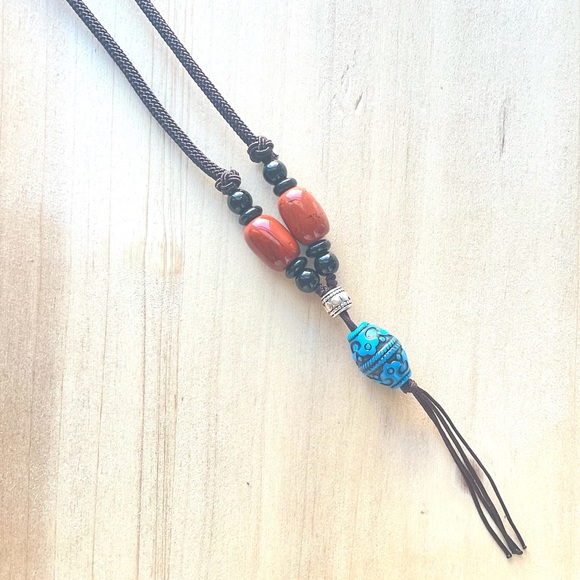 African bead onyx jade brown cord necklace mens necklace healing stone boho - Picture 3 of 7